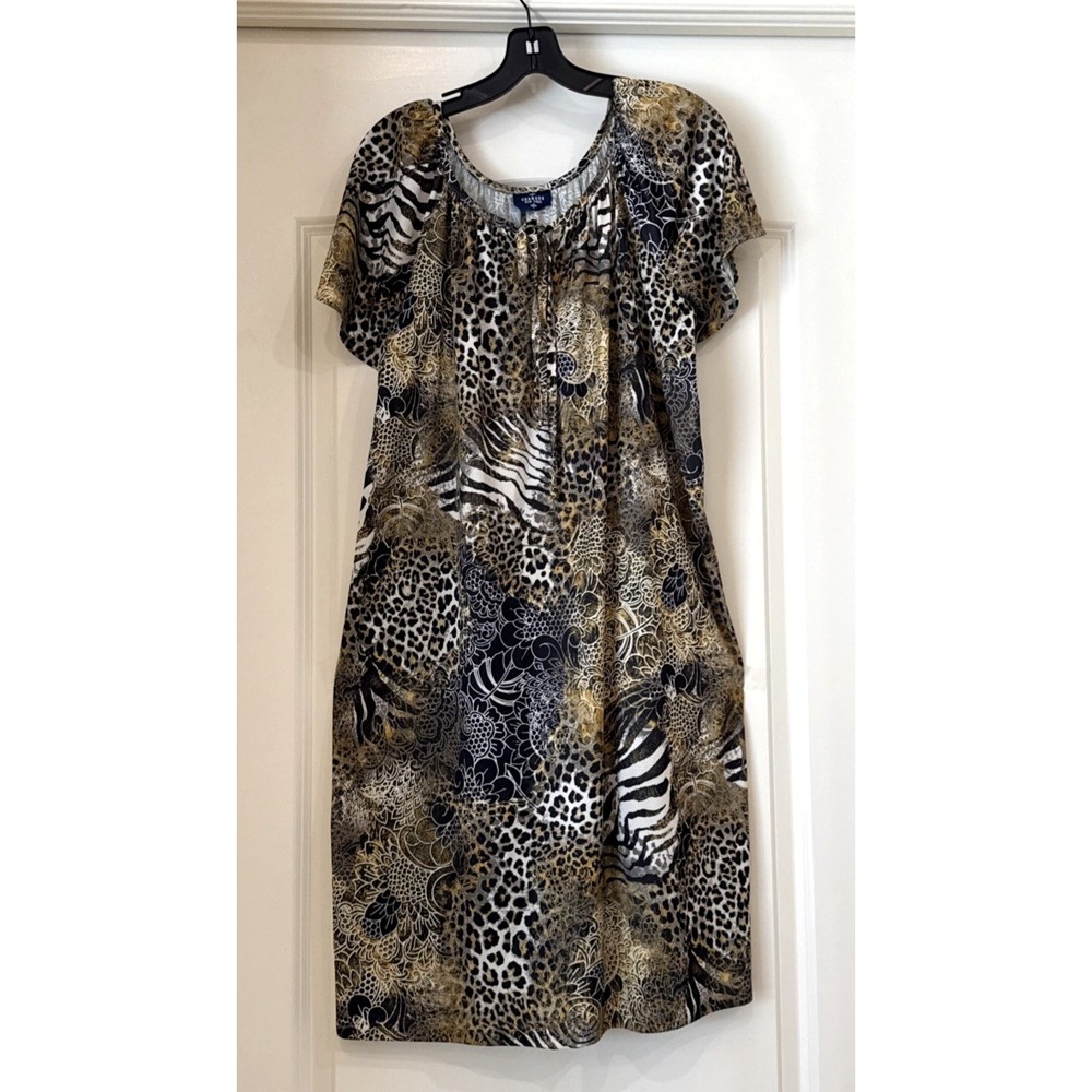 VTG GRANADA NEW YORK Shift Dress Size L? Housedress Animal Print muumuu Dress‎